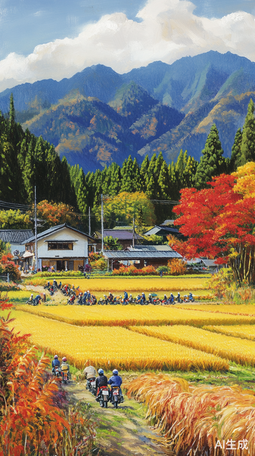 秋天的日本农村金色稻田与丰收的生活画面