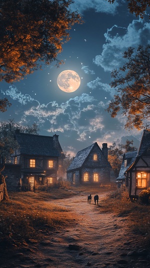 A Serene Moonlit Night in a Rural Village