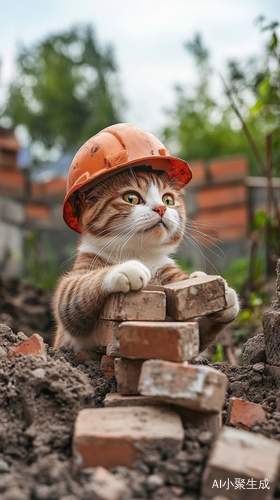 猫咪穿烂衣服戴安全帽在工地搬砖