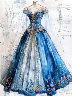 Design concept sheet of the Sky blue ball gown dress in Klimt oil painting style, with detailed sketching including notes and doodles. The sketch shows an elegant silhouette with embroidered details on the top and bottom, and Thousand layer water gloss yarn along the hem. The colored pencil illustration is in the style of James Gurney and Jim Lee as concept art, with detailed notes from the designer on fabric textures, lighting and shadows, drapery, and watercolor washes.ar 3:4 s 300