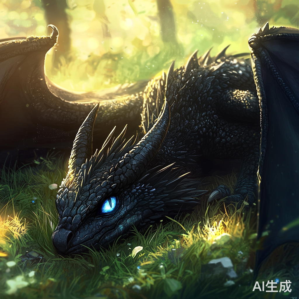阳光草原上的黑色西方巨龙与碧蓝双眼