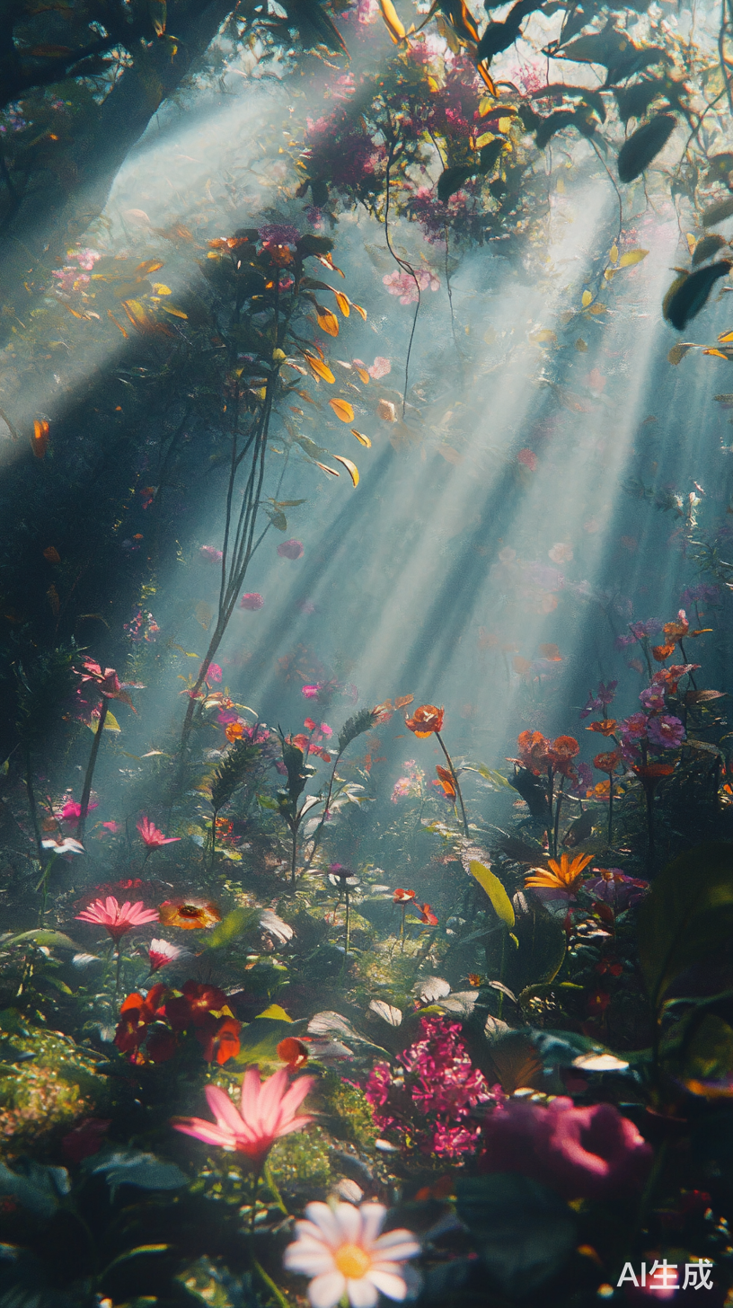 神秘森林中的五彩花朵与梦幻雾气