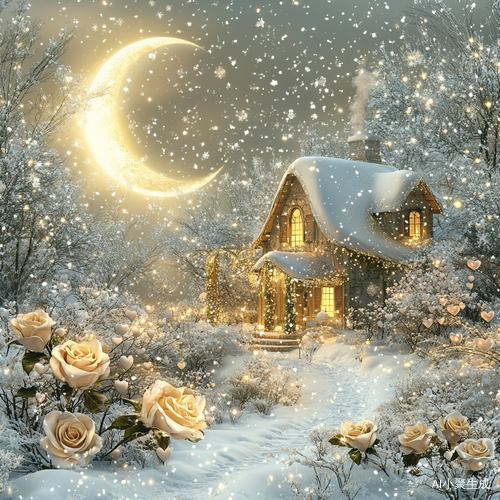 梦幻雪景中的精致雪屋与闪耀水晶石