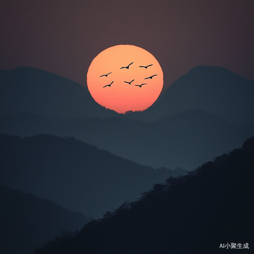 夕阳群山与飞鸟交织的美丽剪影
