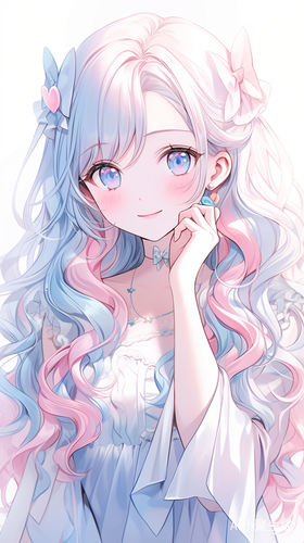 美少女粉蓝渐变卷发的精致浅笑
