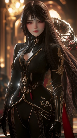 Imagine a powerful, elegant animated character with long, layered dark hair adorned with an advanced UI accessories. playful body manipulations, divine proportion, non-douche smile, gaze into the camera, holographic shimmer, She wears a futuristic yet simple black outfit with gold and red symbolic patterns, featuring a wide neckline and a cinched waist tied with a red obi belt. Accompanying her is a majestic mech-dragon swirling around, its scales detailed and its expression fierce. The setting is an opulen