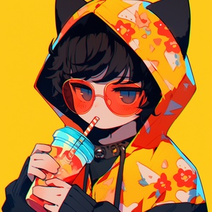 A chibi blushing kawaii catboy with black sunglasses and a blue hoodie drinking lemonade, in the style of an anime screenshot