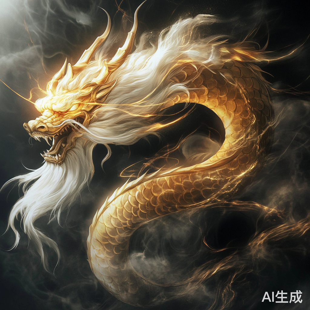 金色龙在黑色神秘背景下飞跃光芒四射威武雄壮