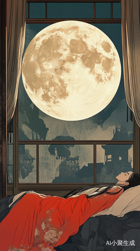 古代男子卧床帘窗外明月夜