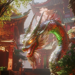 A colorful dragon, decorated with vivid scales and fiery red breath, is set against the background of anime-style character design, which is set against the ancient buildings. The scene uses Unreal Engine to render a surreal effect, capturing the intricate details of its majestic form. It stands solemnly between traditional elements, such as red walls and green trees, illuminated by soft lights, highlighting every scale and line, creating a charming atmosphere. The focus of the picture is on the face of the