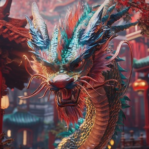 A colorful dragon, decorated with vivid scales and fiery red breath, is set against the background of anime-style character design, which is set against the ancient buildings. The scene uses Unreal Engine to render a surreal effect, capturing the intricate details of its majestic form. It stands solemnly between traditional elements, such as red walls and green trees, illuminated by soft lights, highlighting every scale and line, creating a charming atmosphere. The focus of the picture is on the face of the