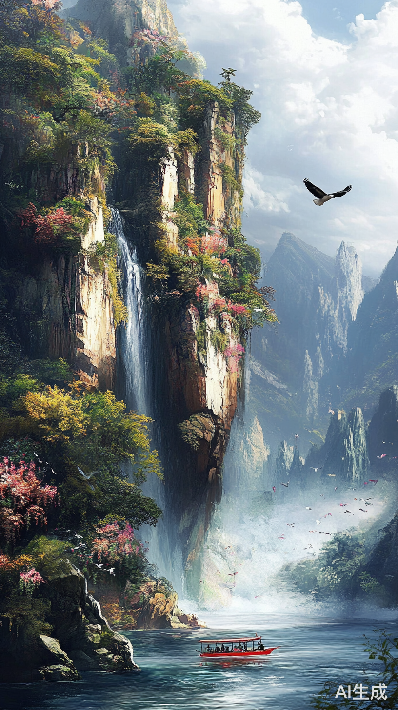 悬崖峭壁与波涛江水下的小船