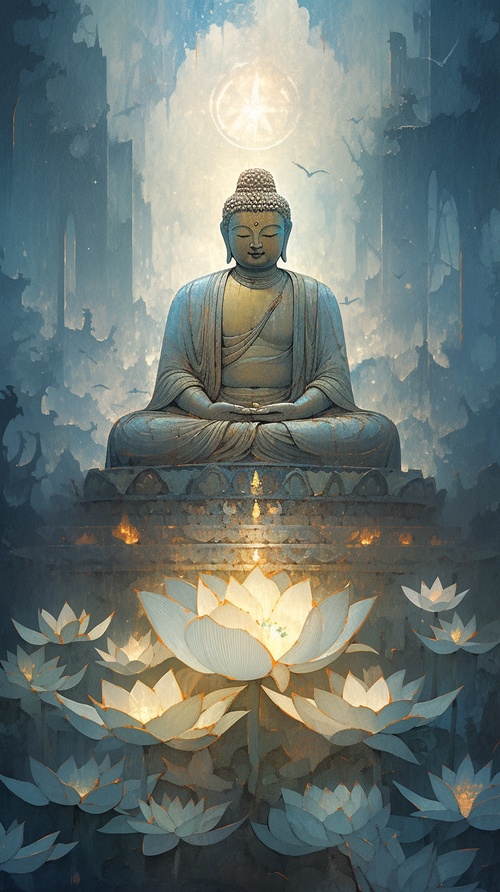 buddha holding a gold lotus, The golden lotus is shining, paintings by mike wilson, in the style of light indigo and brown, luminous reflections, nature-based patterns, subdued pointillism, mural-like compositions,