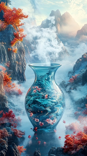 3d three-dimensional art, panorama, Chinese transparent chunky glass vase, the vase is the background scenery, the background is a fantasy wonderland, the smoke is floating, the overall picture hazy Xianqi, beautiful and clean, Chinese painting style, panorama