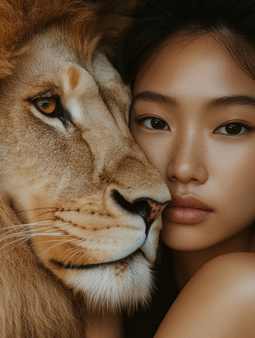 An Asian woman and a lion pose for a magazine with a minimalist aesthetic, a sun-kissed palette, unique facial features, surreal oil paintings, medicinal cores, shinyglossy, soft organic AR 23:32 Style Raw Stylized 75 V 6.0