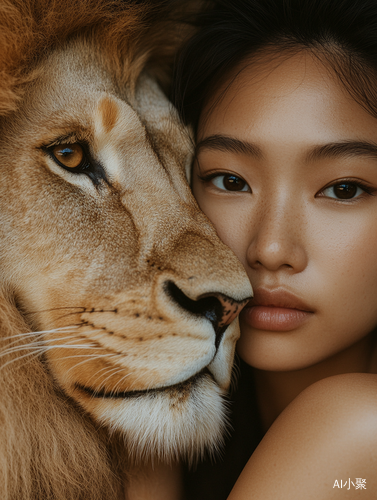 Asian Woman and Lion in Minimalist Aesthetic for Magazine