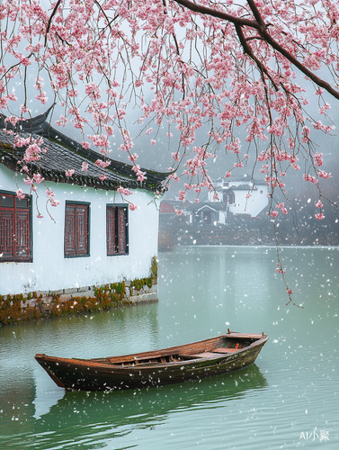 江南春天湖边樱花柳树与古老房子的中国风景