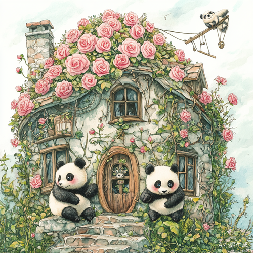 海边粉红玫瑰石屋与可爱熊猫粉色松鼠的精致画面