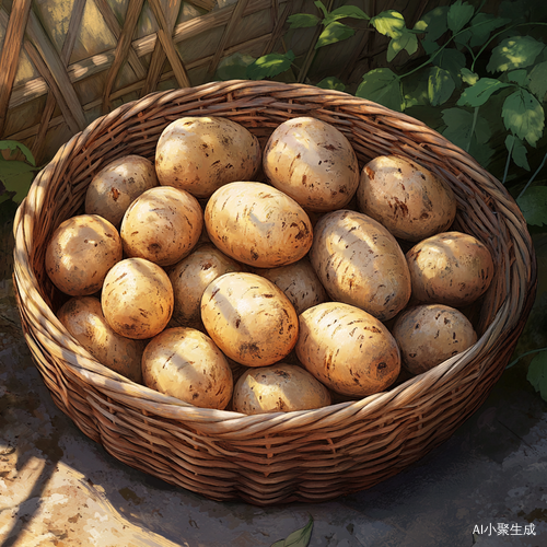 古朴菜篮里的新鲜土豆与田园氛围