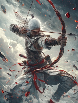 Against the backdrop of the center of the hurricane and tornado, holding a bow and arrow in one hand, pulling the strings, fierce and flaming gaze, in a realistic and ultra-detailed rendering style, vast sky scene, broken gems, deep red and pale white, determined knight, realistic characters, facial close-ups niji 6 s 1000 ar 9:16