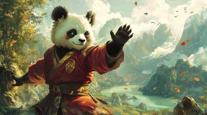 大熊猫在青山绿水中练习太极的和谐场景