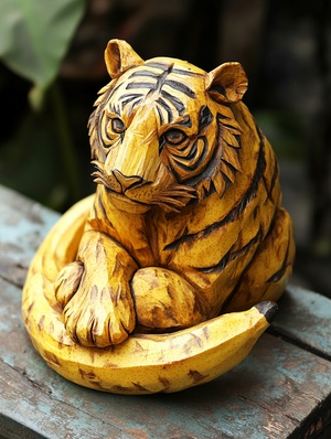 A tiger carved from a banana peel is natural and simple