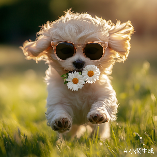 小狗戴墨镜叼鲜花在草丛中奔跑