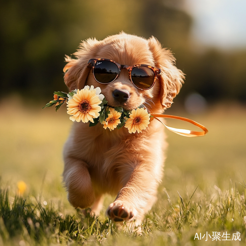 小狗戴墨镜叼鲜花在草丛中奔跑