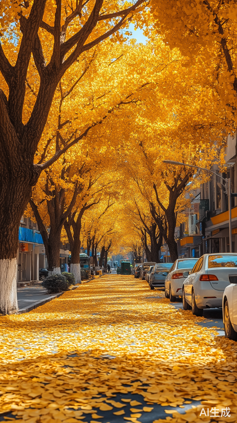 银杏树下的街景与车流