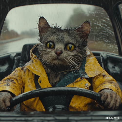 一只破旧外卖服的猫骑士在雨中送外卖