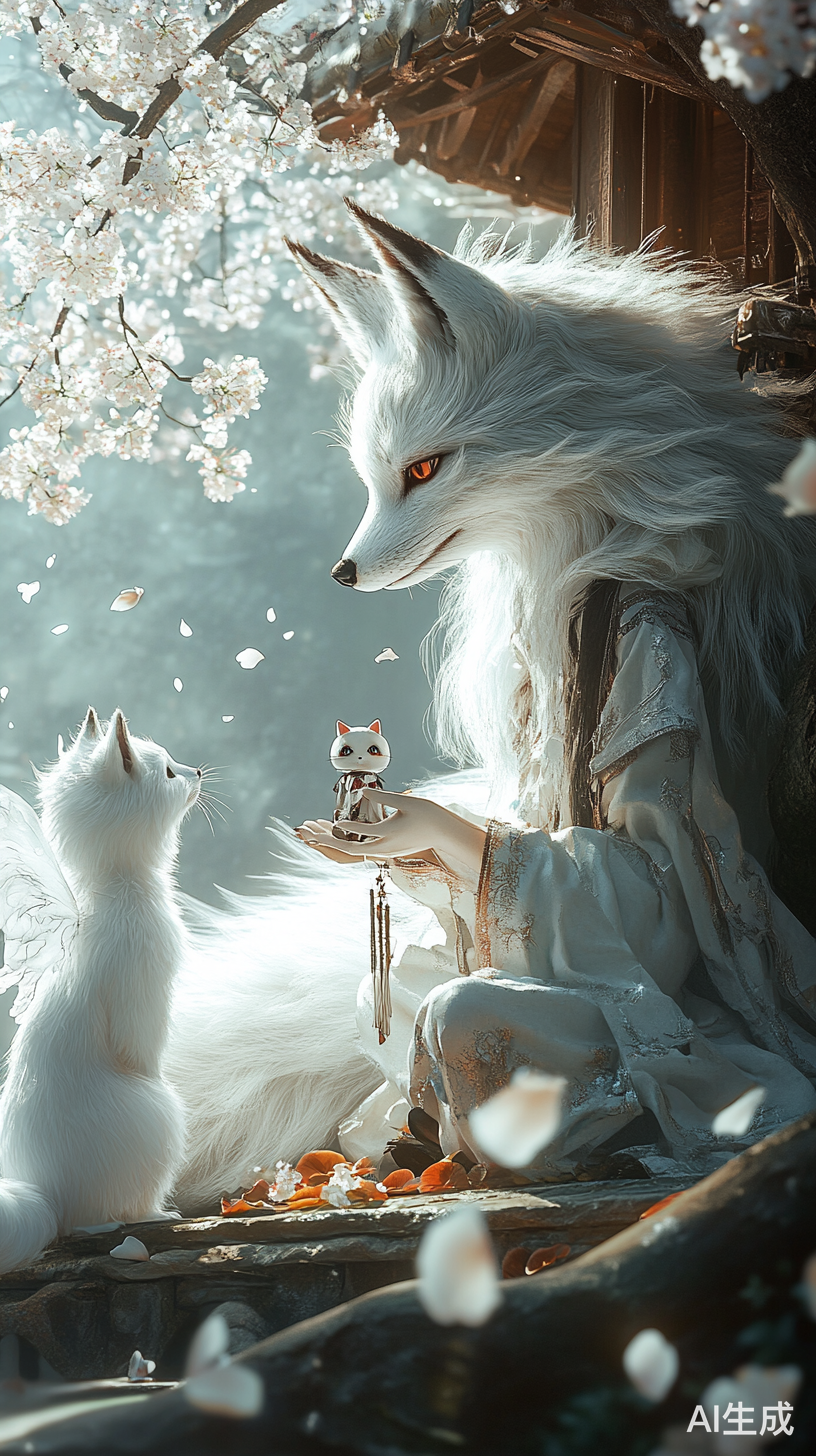 九尾狐树屋中的天使女孩与白狐的童话场景
