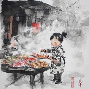 可爱小孩市场买菜做饭的温馨生活