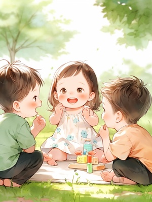 公园里两个可爱男孩和女孩的快乐时光