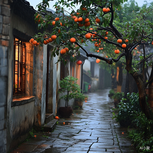 江南古街镇雨中静谧秋日温馨氛围