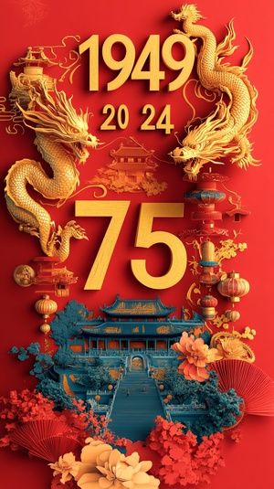 3D illustration of the golden numbers "1949 - 2024" and the number "75" surrounded by Chinese gardens, lanterns and dragons on a red background. The scene is the Tiananmen Square in Beijing, with bright colors and intricate details. The background is a beautiful paper-cut work depicting historical events or scenes from different eras in China. The illustration ends with a beautiful golden border to symbolize the celebration of China's National Day sref 216269526 ar 9:16