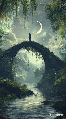 古装男子独立桥头仰望新月与自然美景