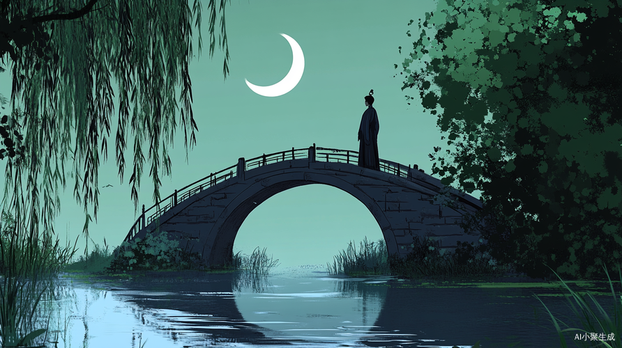 古装男子独立桥头仰望新月与自然美景