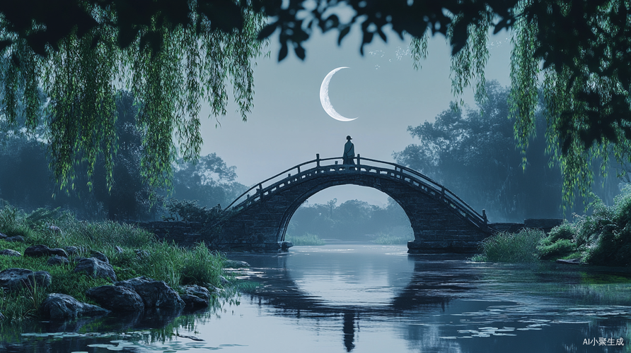 古装男子独立桥头仰望新月与自然美景