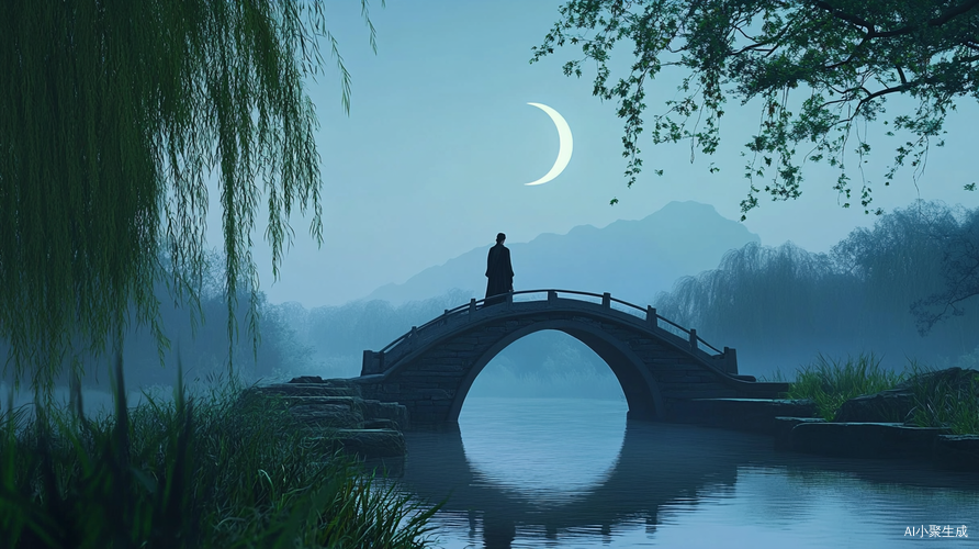 古装男子独立桥头仰望新月与自然美景