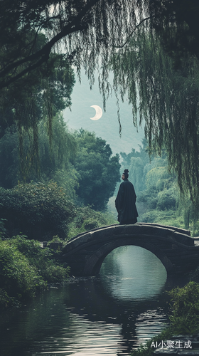 古装男子独立桥头仰望新月与自然美景