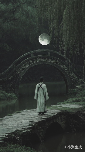 古装男子独立桥头仰望新月与自然美景