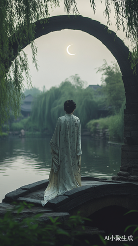 古装男子独立桥头仰望新月与自然美景