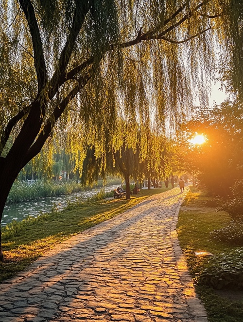 在临沂青龙河边，夕阳西下，，天空有晚霞，河边柳树成荫，桂花飘香