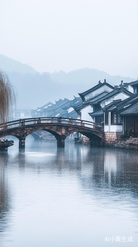 雨天江南水乡栱桥与乌蓬船风景