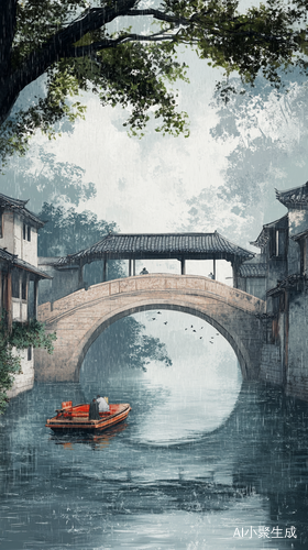 雨天江南水乡栱桥与乌蓬船风景