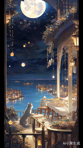夜晚海上月亮与星空映照白猫与主人