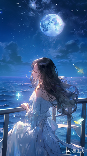 夜晚海上月亮照耀星空女人仰望倒影