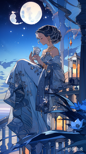 夜晚海上月亮照耀星空女人仰望倒影