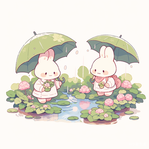 两个Q版小人在雨中趣味相遇