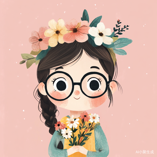可爱小女孩手绘头像插画风格花环裙子黑框眼镜